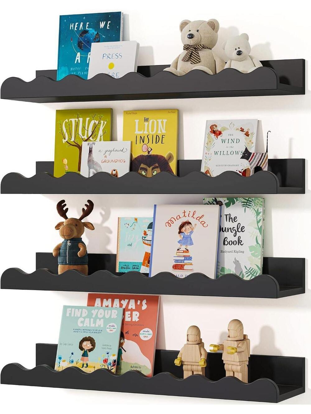 Seocry Black Floating Nursery Bookshelves, Set of 4, 12 in Length